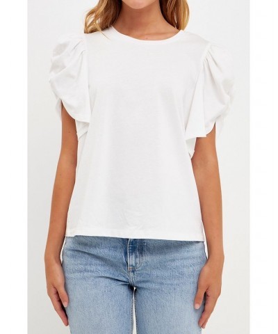 Women's Shirring Sleeve Knit Top White $40.00 Tops