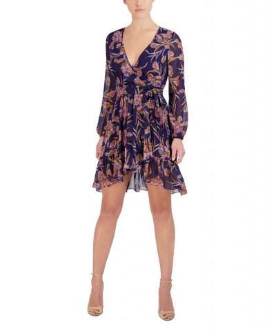 Women's Floral-Print Sheer-Sleeve Mini Wrap Dress Midnight Multi $39.50 Dresses