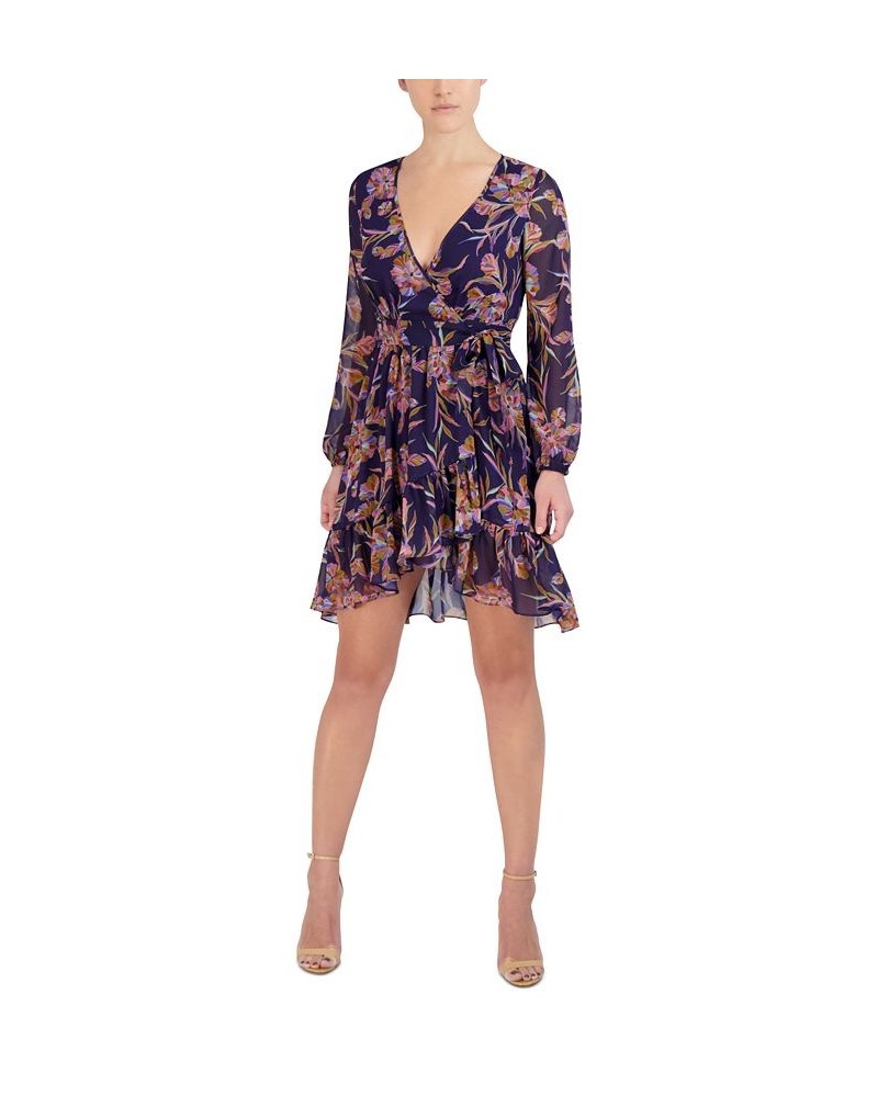 Women's Floral-Print Sheer-Sleeve Mini Wrap Dress Midnight Multi $39.50 Dresses