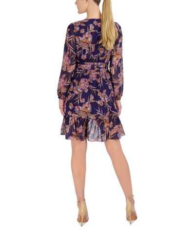 Women's Floral-Print Sheer-Sleeve Mini Wrap Dress Midnight Multi $39.50 Dresses