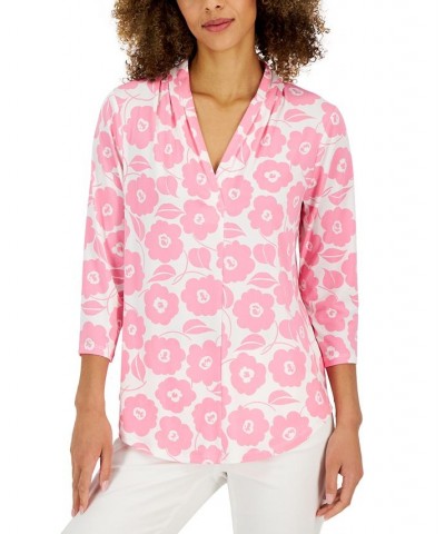 Women's Floral-Print Pleated-Neck Top Pink $19.81 Tops
