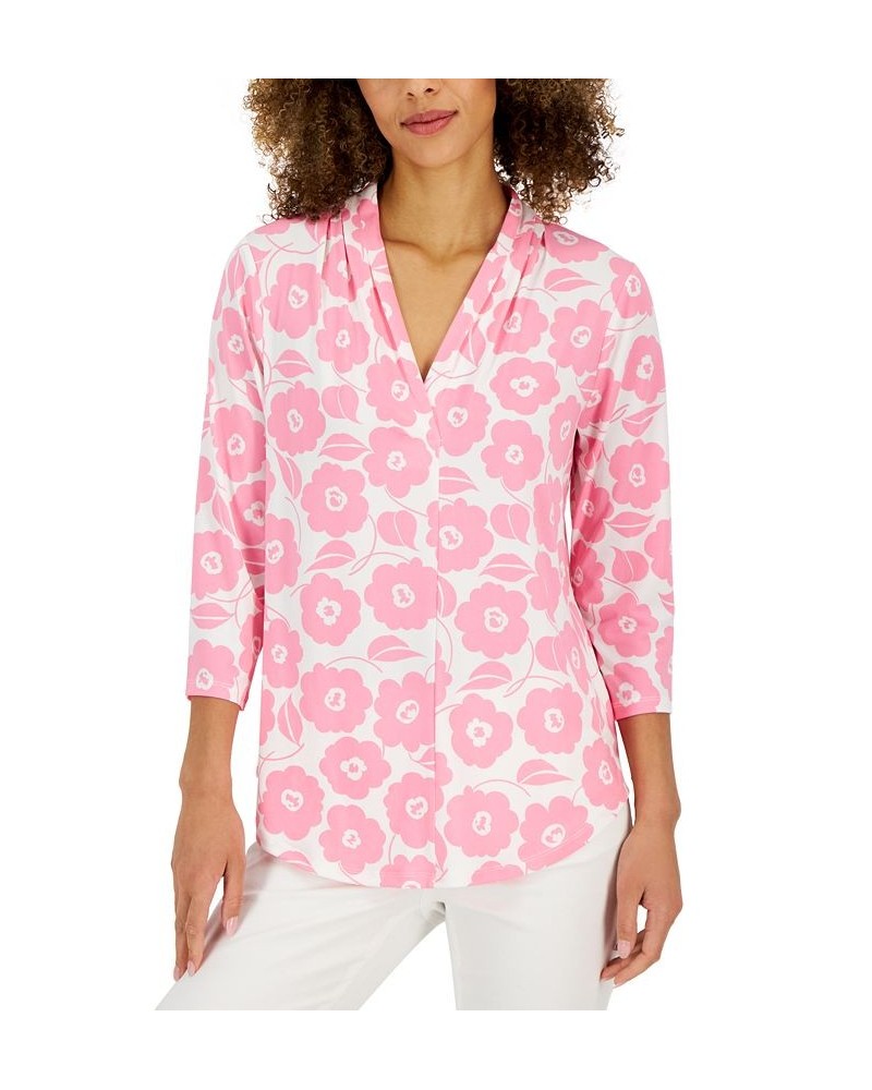 Women's Floral-Print Pleated-Neck Top Pink $19.81 Tops