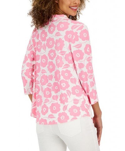 Women's Floral-Print Pleated-Neck Top Pink $19.81 Tops