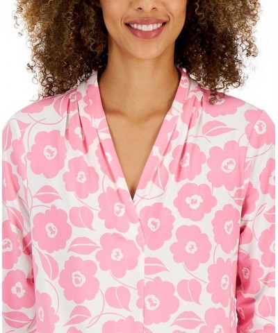 Women's Floral-Print Pleated-Neck Top Pink $19.81 Tops