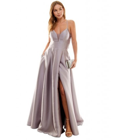 Juniors' Crochet-Back Illusion-Detail Satin Gown Mauve $40.00 Dresses