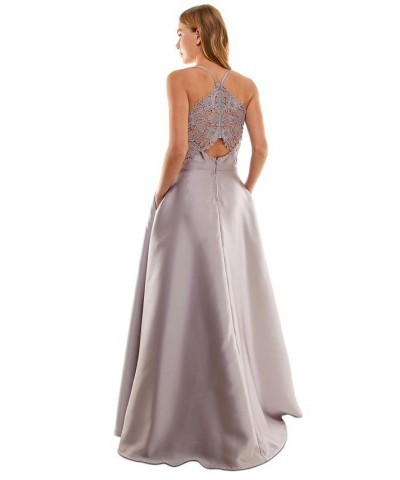 Juniors' Crochet-Back Illusion-Detail Satin Gown Mauve $40.00 Dresses