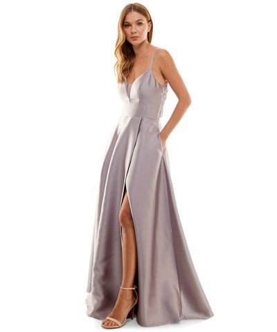 Juniors' Crochet-Back Illusion-Detail Satin Gown Mauve $40.00 Dresses