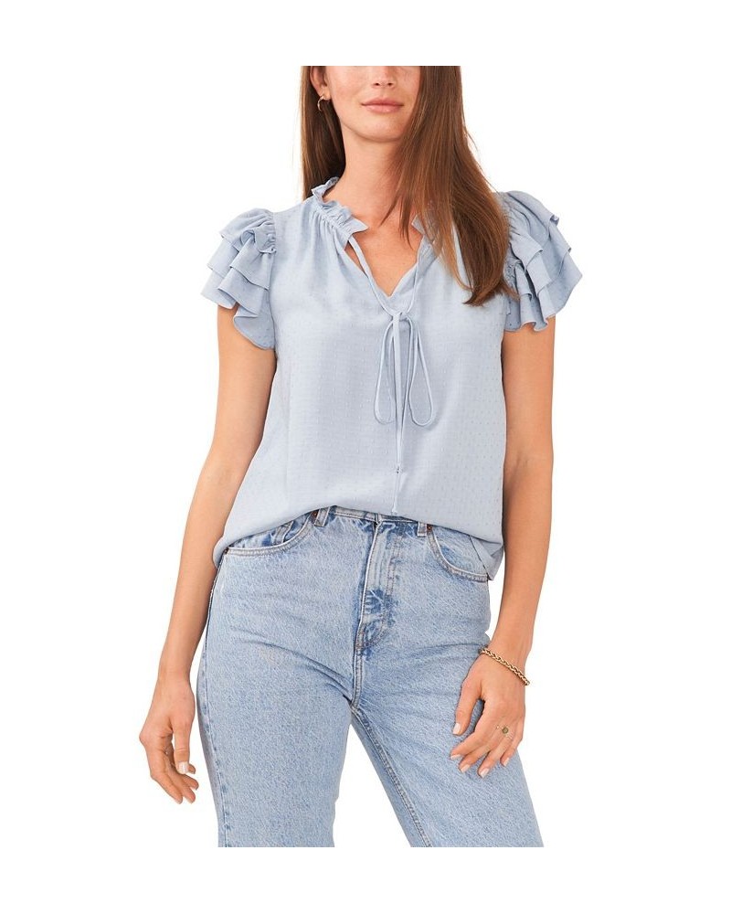 Women's Flutter Sleeve Tie V-neck Top Dusty Blue $32.00 Tops