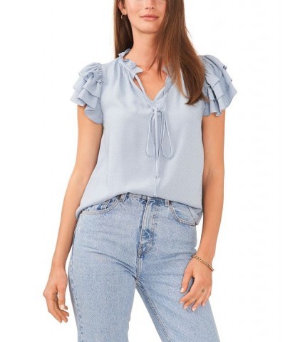 Women's Flutter Sleeve Tie V-neck Top Dusty Blue $32.00 Tops