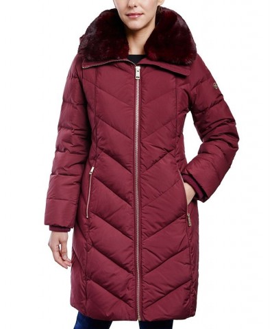 Women's Faux-Fur-Collar Hooded Down Puffer Coat Red $76.56 Coats