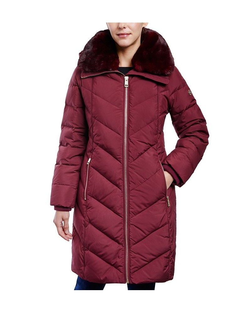 Women's Faux-Fur-Collar Hooded Down Puffer Coat Red $76.56 Coats