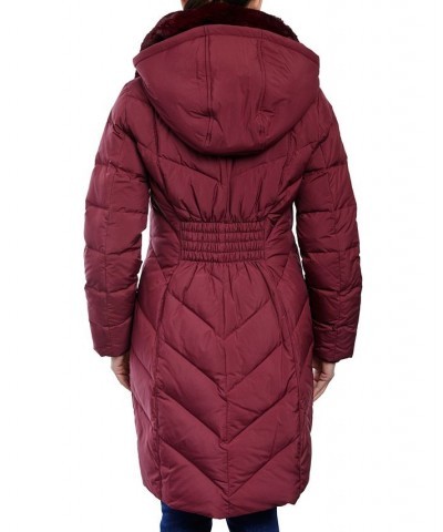 Women's Faux-Fur-Collar Hooded Down Puffer Coat Red $76.56 Coats