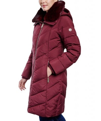 Women's Faux-Fur-Collar Hooded Down Puffer Coat Red $76.56 Coats