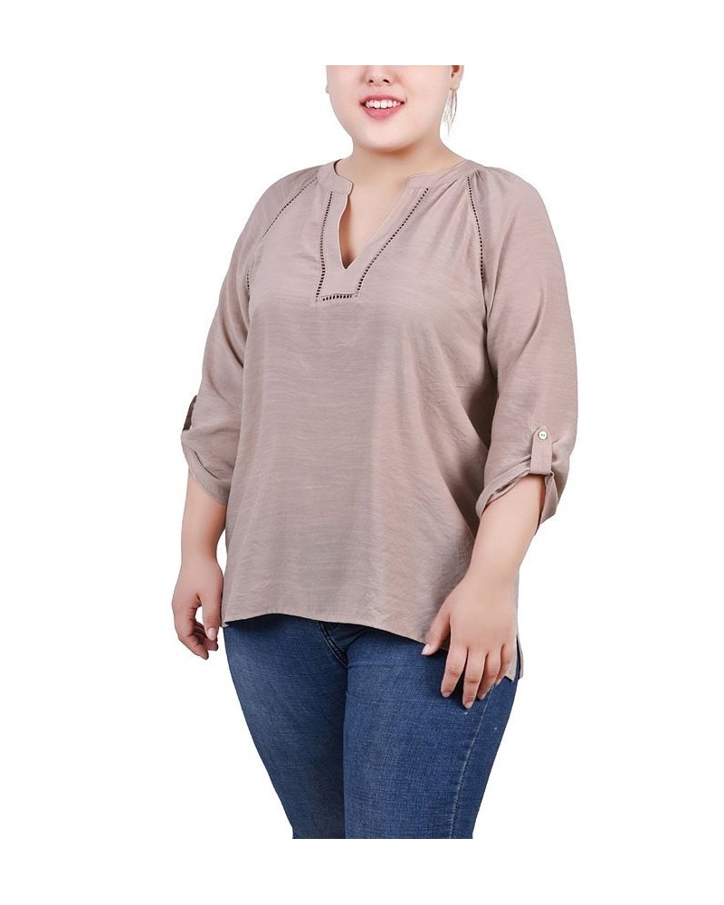 Plus Size Raglan Sleeve Split Neck Blouse Tan/Beige $14.02 Tops