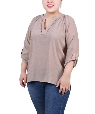 Plus Size Raglan Sleeve Split Neck Blouse Tan/Beige $14.02 Tops