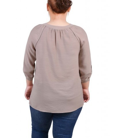 Plus Size Raglan Sleeve Split Neck Blouse Tan/Beige $14.02 Tops