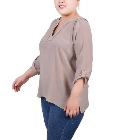 Plus Size Raglan Sleeve Split Neck Blouse Tan/Beige $14.02 Tops