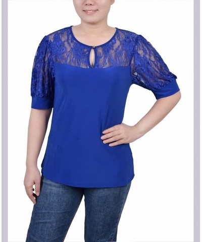 Petite Puff Sleeve Lace Top Blue $14.26 Tops