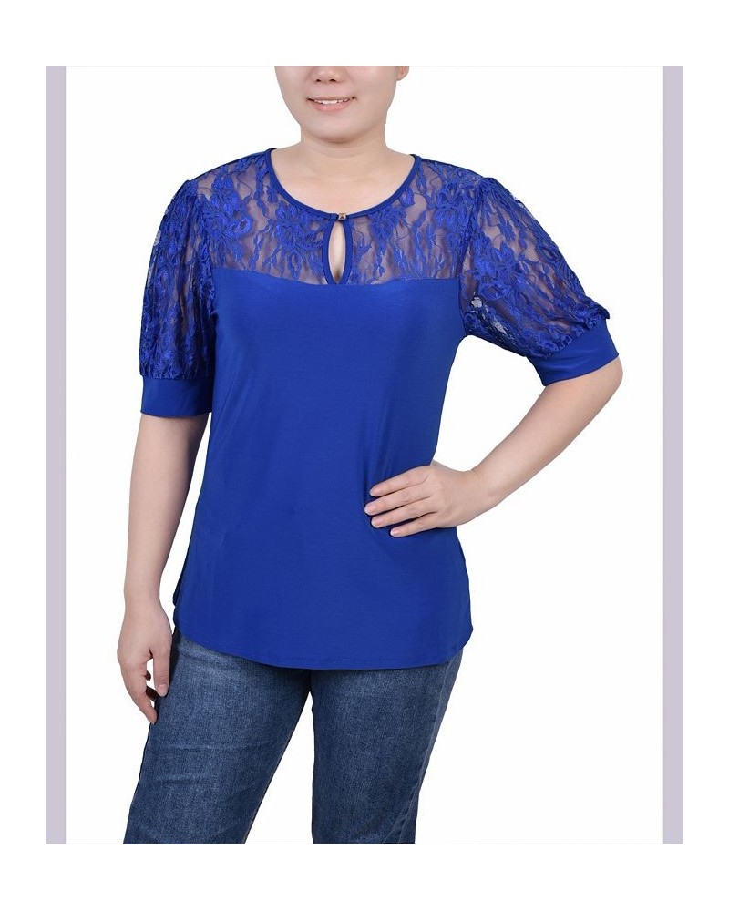 Petite Puff Sleeve Lace Top Blue $14.26 Tops