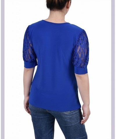 Petite Puff Sleeve Lace Top Blue $14.26 Tops