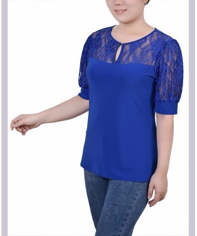 Petite Puff Sleeve Lace Top Blue $14.26 Tops