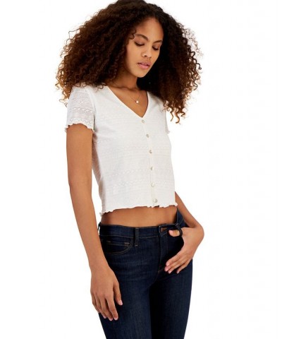 Juniors' V-Neck Lace-Trim Button-Front Top Ivory/Cream $12.10 Tops