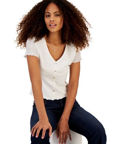 Juniors' V-Neck Lace-Trim Button-Front Top Ivory/Cream $12.10 Tops