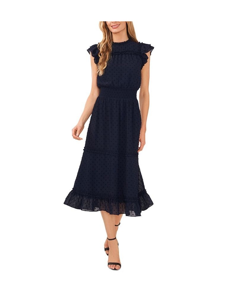 Women's Ruffled Flutter Sleeve Swiss Dot Midi Dress Classic Navy $45.14 Dresses