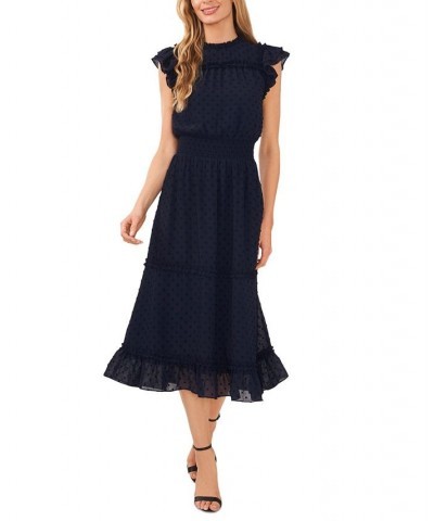 Women's Ruffled Flutter Sleeve Swiss Dot Midi Dress Classic Navy $45.14 Dresses