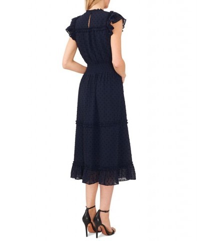 Women's Ruffled Flutter Sleeve Swiss Dot Midi Dress Classic Navy $45.14 Dresses