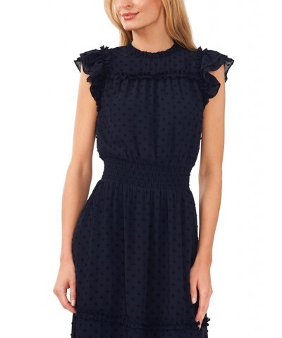 Women's Ruffled Flutter Sleeve Swiss Dot Midi Dress Classic Navy $45.14 Dresses