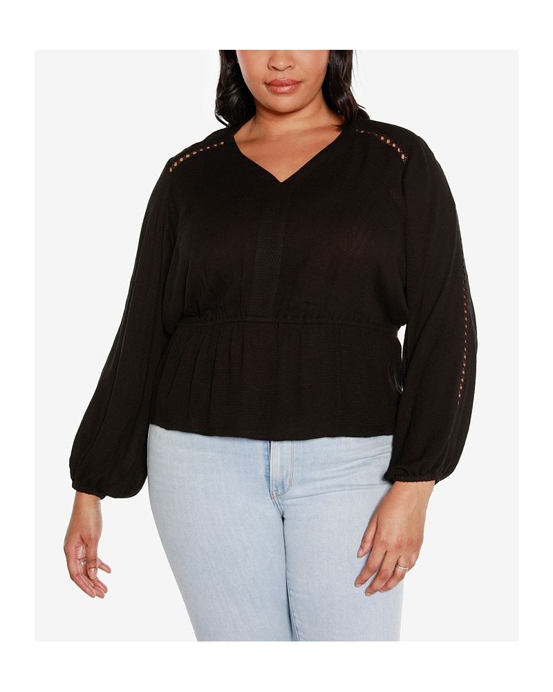 Black Label Plus Size Long Sleeve V-neck Peplum Top Black $33.93 Tops