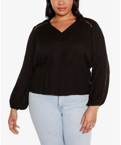 Black Label Plus Size Long Sleeve V-neck Peplum Top Black $33.93 Tops