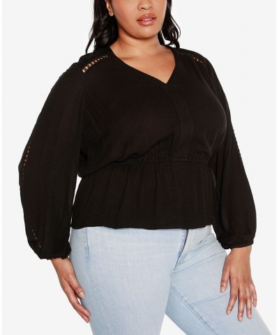 Black Label Plus Size Long Sleeve V-neck Peplum Top Black $33.93 Tops