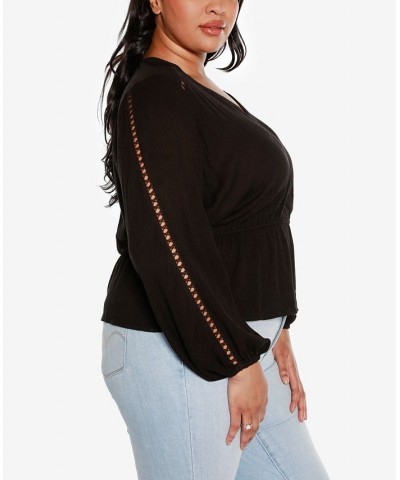 Black Label Plus Size Long Sleeve V-neck Peplum Top Black $33.93 Tops