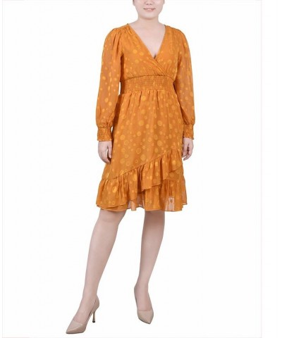 Petite Long Sleeve Smocked Waist Dress Mustard Multi Dot $17.55 Dresses
