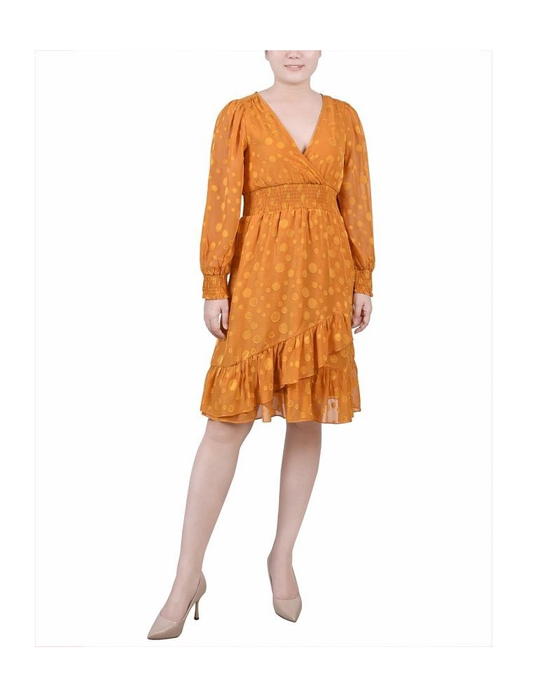 Petite Long Sleeve Smocked Waist Dress Mustard Multi Dot $17.55 Dresses