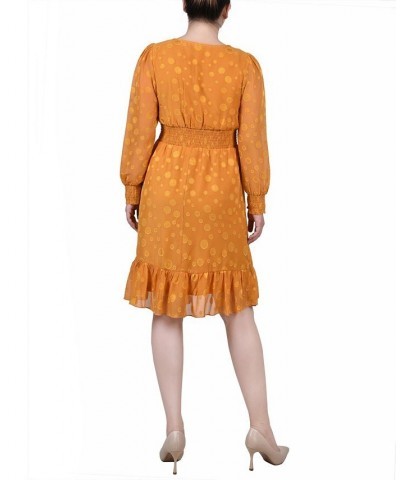 Petite Long Sleeve Smocked Waist Dress Mustard Multi Dot $17.55 Dresses