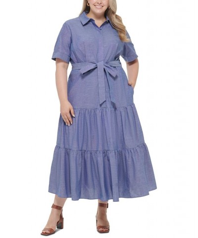 Plus Size Cotton Elbow-Sleeve Tiered Midi Shirtdress Dark Denim $60.84 Dresses