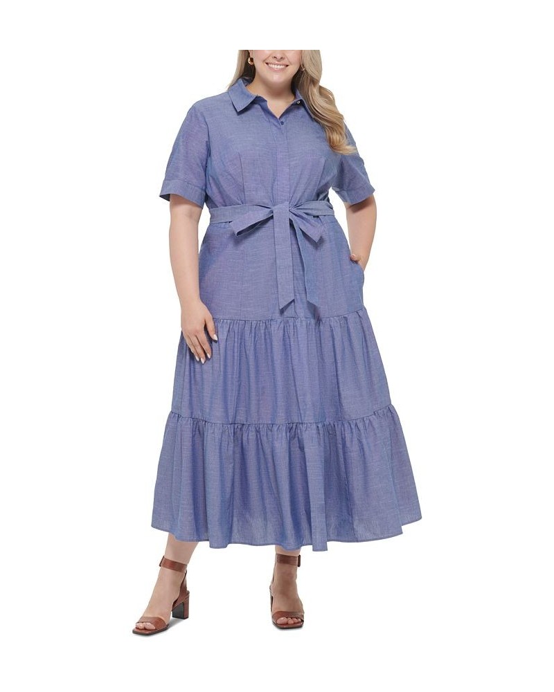 Plus Size Cotton Elbow-Sleeve Tiered Midi Shirtdress Dark Denim $60.84 Dresses