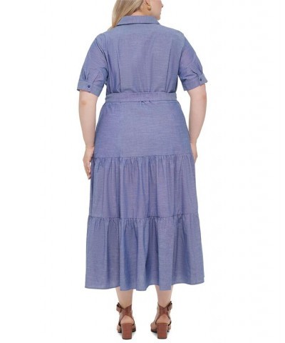 Plus Size Cotton Elbow-Sleeve Tiered Midi Shirtdress Dark Denim $60.84 Dresses