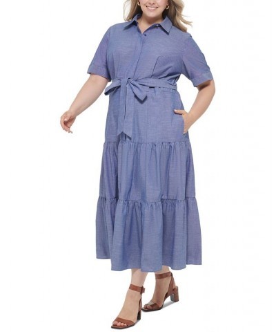 Plus Size Cotton Elbow-Sleeve Tiered Midi Shirtdress Dark Denim $60.84 Dresses