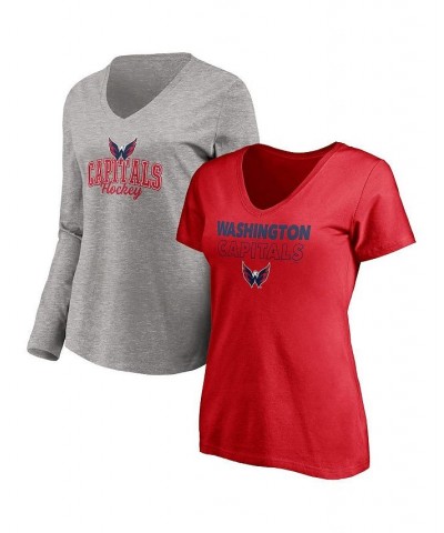 Women's Washington Capitals Short Sleeve and Long Sleeve V-Neck T-shirt Combo Pack Red, Heathered Gray $27.03 Tops