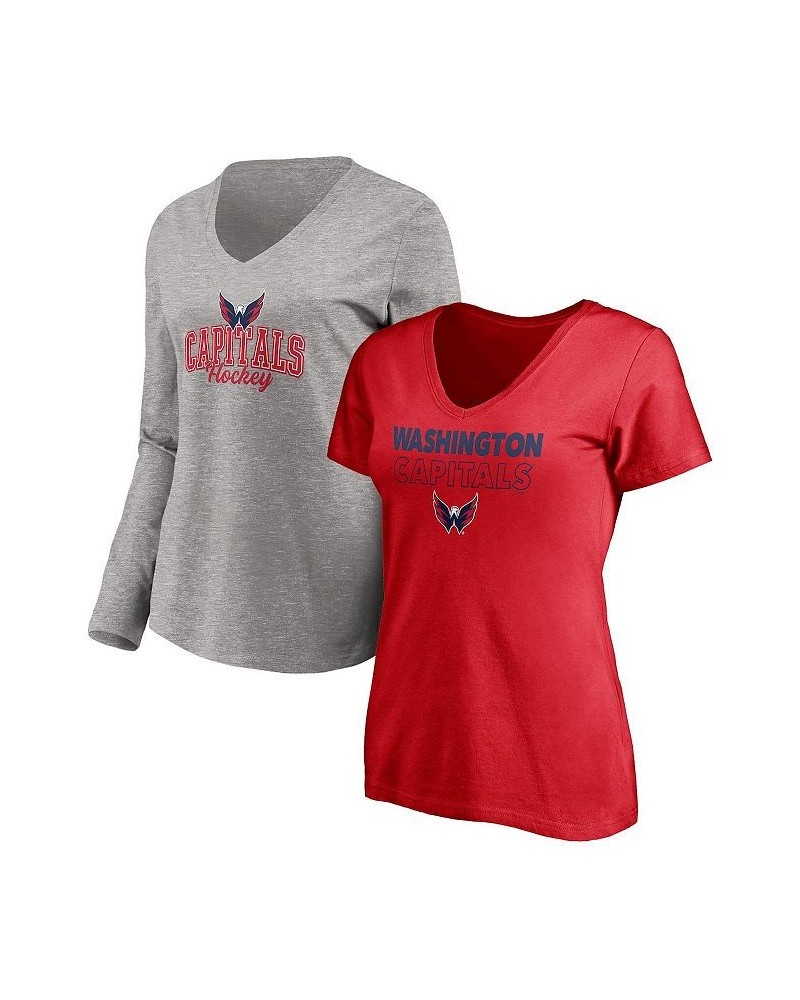 Women's Washington Capitals Short Sleeve and Long Sleeve V-Neck T-shirt Combo Pack Red, Heathered Gray $27.03 Tops