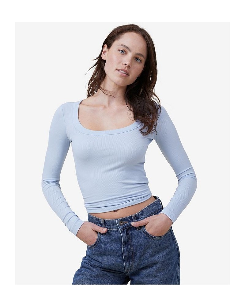 Women's Staple Rib Scoop Neck Long Sleeve Top Blue $19.24 Tops