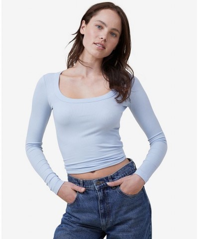 Women's Staple Rib Scoop Neck Long Sleeve Top Blue $19.24 Tops