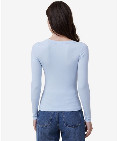 Women's Staple Rib Scoop Neck Long Sleeve Top Blue $19.24 Tops