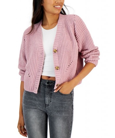 Juniors' Chenille Buttoned Cardigan Sweater Pink $14.77 Sweaters