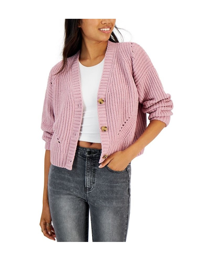 Juniors' Chenille Buttoned Cardigan Sweater Pink $14.77 Sweaters