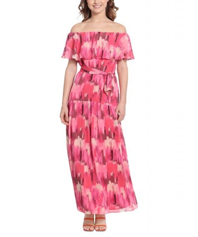 Women's Printed Off-The-Shoulder Maxi Dress Cream/coral Paradise $69.56 Dresses